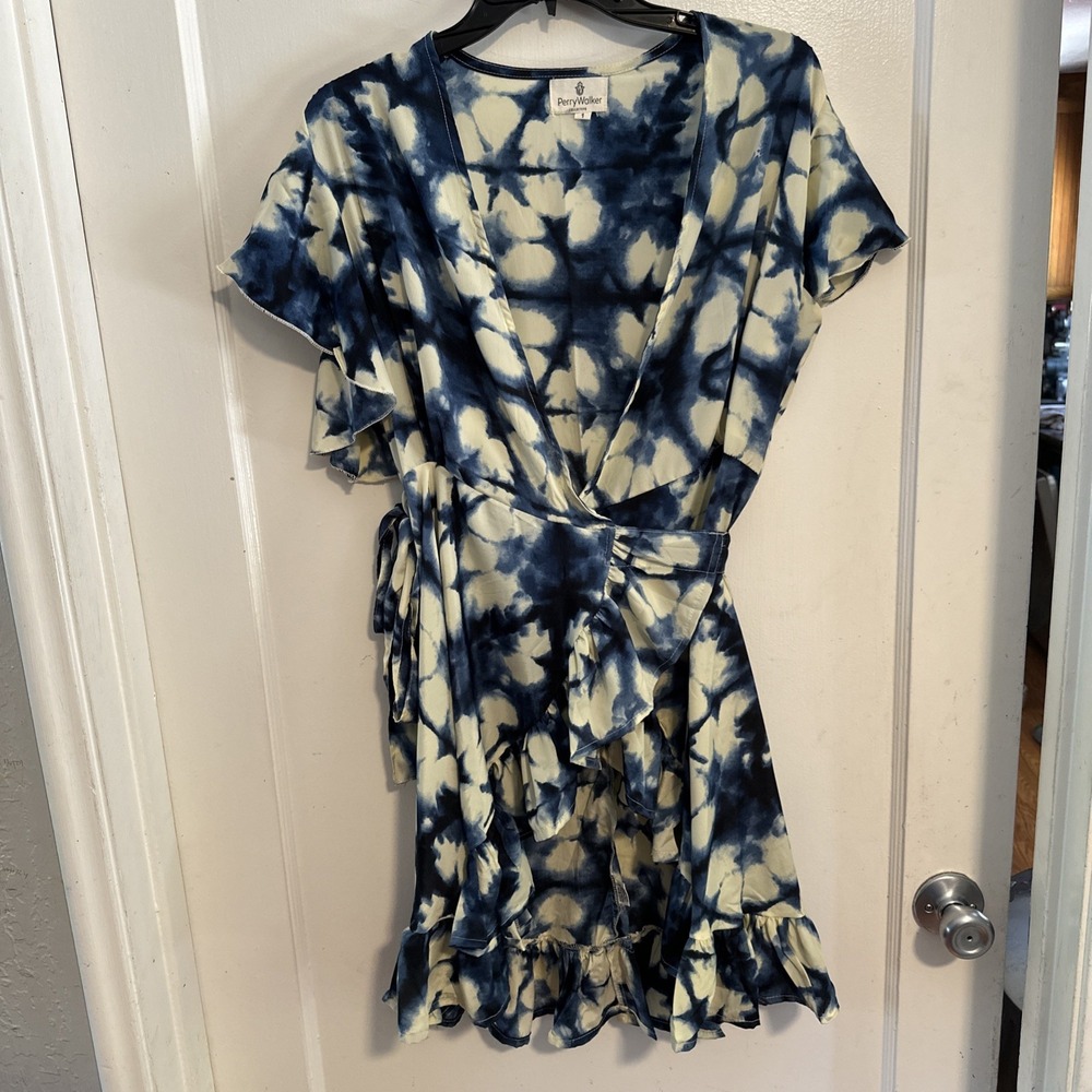 Perry Walker Collective Madi II Shibori Ruffle Tie Dye Silk Wrap Dress Blue Sz 1